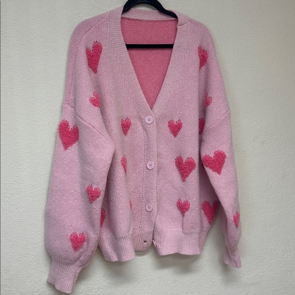 Boho womans Valentine’s Pink Heart Patterned cardigan Sweater size XL - Picture 3 of 4